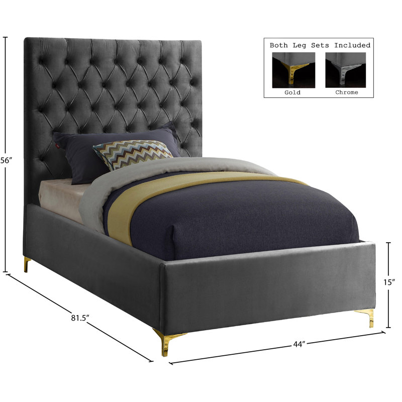Lit plateforme tapissier Cruz, Lit simple, Velours gris