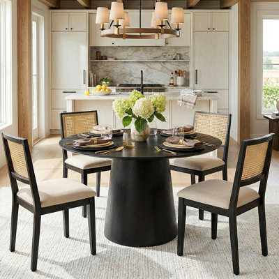 5-Piece Dining Set for 4 with 42" Round Pedestal Dining Table and 4 Cane Back Upholstered Dining Chairs