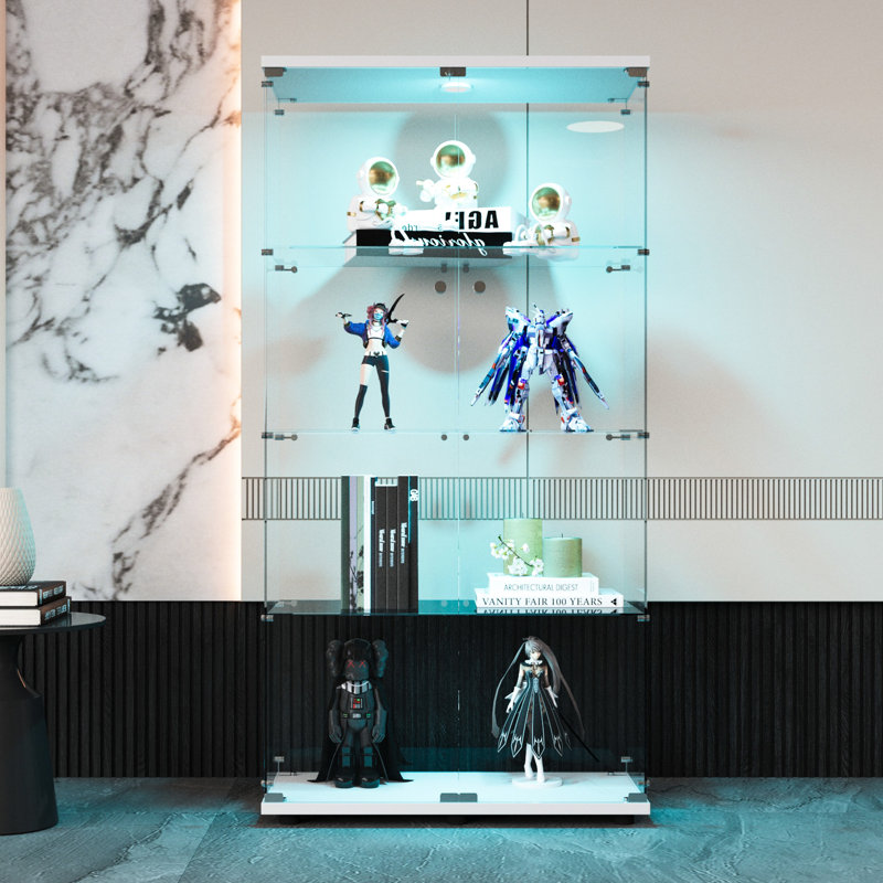 Two-Door Glass Display Cabinet With 4 Shelves & Led Lights - For Living Room, Bedroom, Cabin 64.7"*31.7"*14.3", White Tempered Black Frame And In Strong