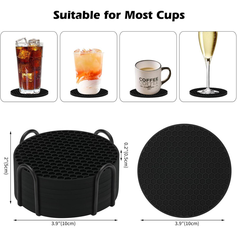 Ensemble de 8 sous-verres en silicone avec support, sous-verres pour boissons, bière, sous-verres à café, convient aux types de tasses, chaud ou froid, anti-SLI, antiadhésif, anti-débordement de table