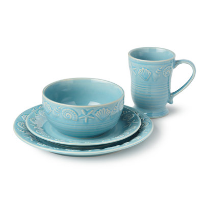Certified International Coastline Blue 16-piece Stoneware Dinnerware Set, Service For 4 With Embossed Coastal Shells And Sta