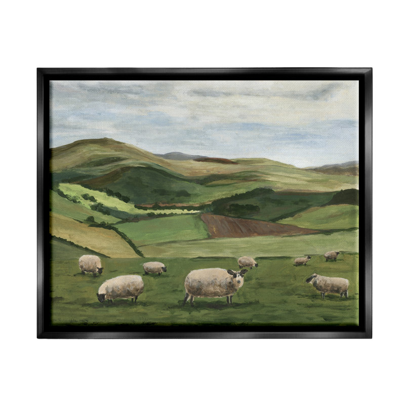 Moutons de campagne en pâture, H 17 po x l 21 po x P 1,7 po, Cadre flottant noir de jais