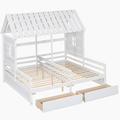 Twin Size House Platform Beds with Two Drawers for Boy and Girl Shared Beds