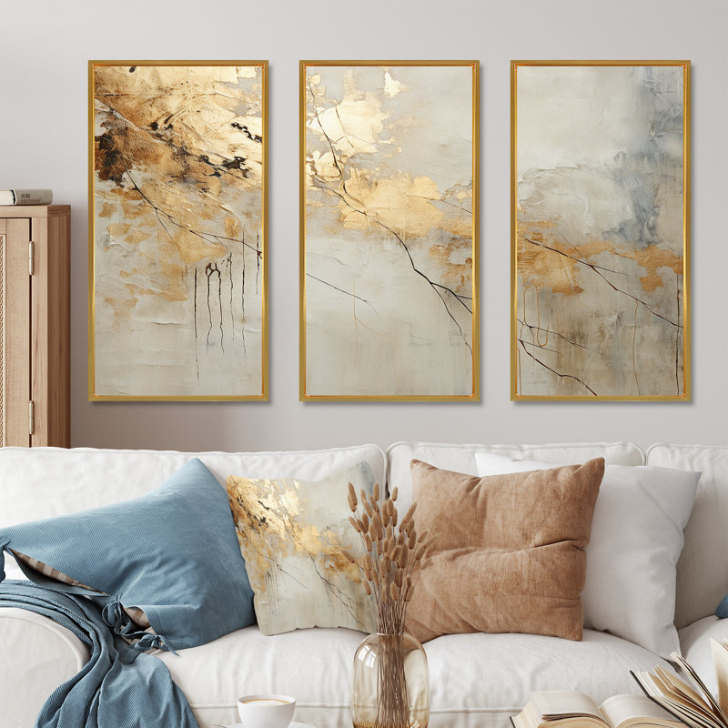 «Beige and Gold Marble Lightning VI», ensemble d'art mural formes abstraites, Cadre flottant doré, H 32 po x l 48 po x P 1 po