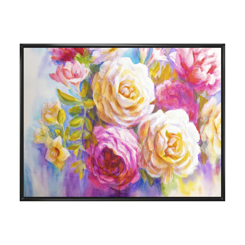 Pivoines et roses Bouquet II - reproduction sur toile, H 12 po x l 20 po x P 1 po, Cadre flottant noir