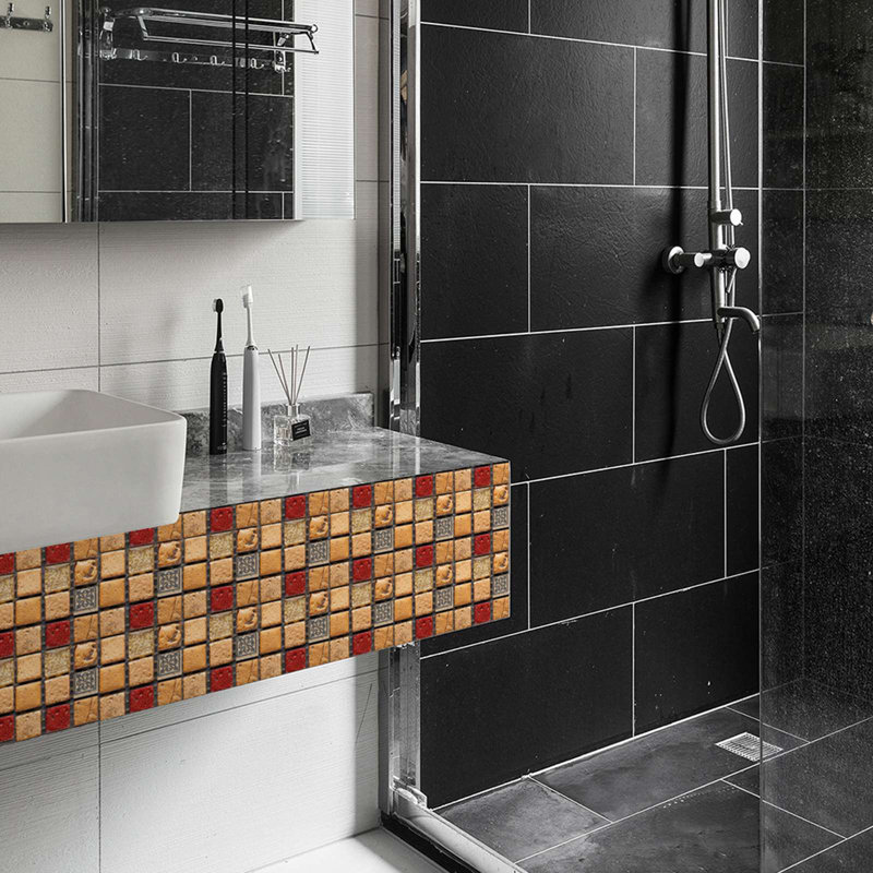 10 pièces de 6 x 6 pouces / 15 cm x 15 cm chacune, autocollants décoratifs à carreaux autocollants, autocollants muraux en vinyle à dosseret mosaïque 6D pour le décor de la salle de bain, rouge et brun