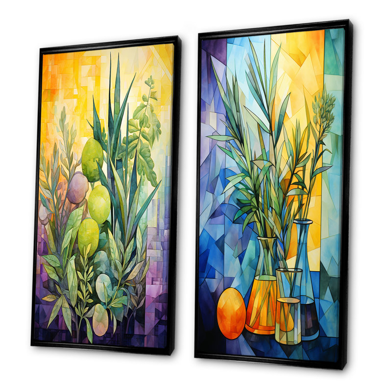 Ensemble de 2 décorations aromatiques délicates I - herbes, H 32 po x l 33 po, Cadre flottant noir