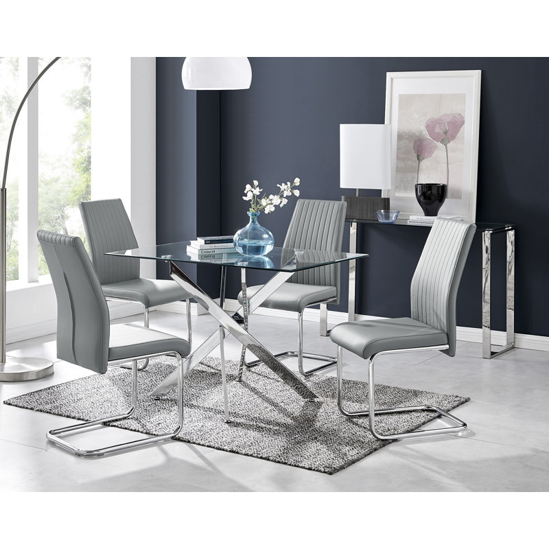 Lenworth Chrome and Glass Rectangular Dining Table Set with 4 Upholstered Faux Leather Chairs, Elephant Grey