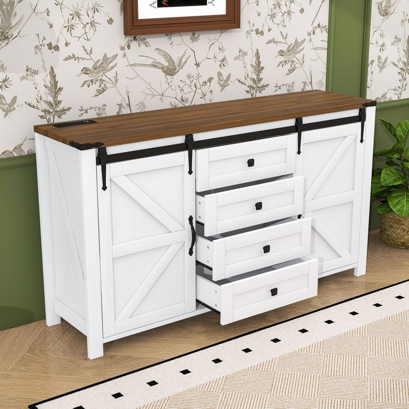 Modern Sideboard with Sliding Barn Doors, Built-In Power Outlet and Spacious Storage, White