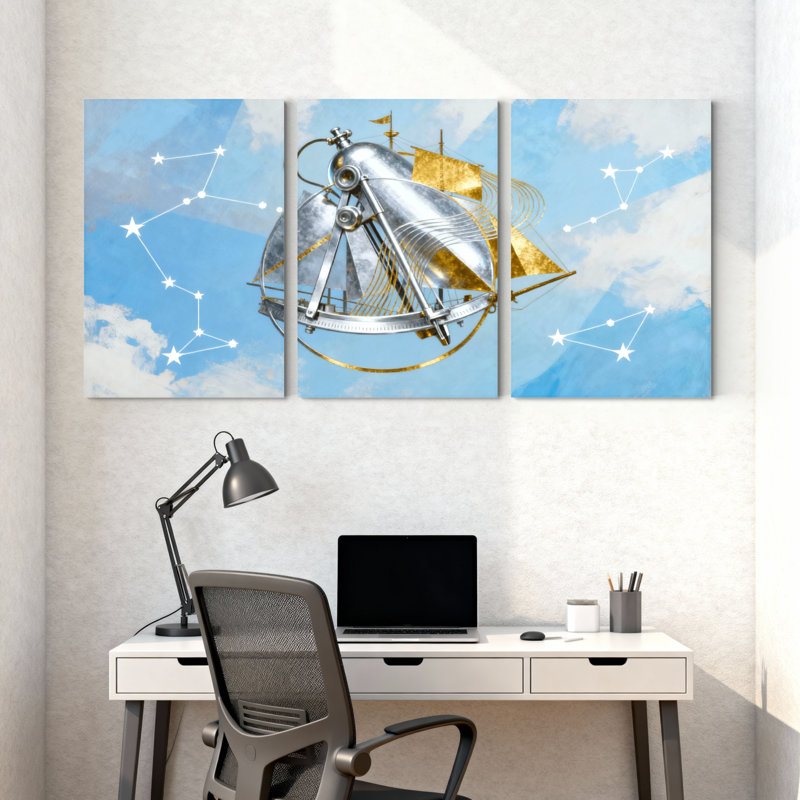 «Nautical & Beach Sky Ship Stars Constellation Clouds Reflection», ensemble de 3 impressions sur toile, H 18 po x l 36 po