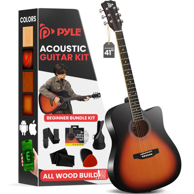 Pyle Steel String Acoustic Guitar Kit, 4/4 Full Size Cutaway All-Wood Guitarra Acustica With Premium Accessory Set And Upgraded Gig Bag, 41" Sunburst