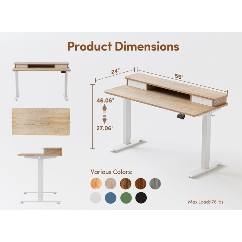 Eliuth Height Adjustable Standing Desk, 46" H x 55" W x 24" D, Maple/White