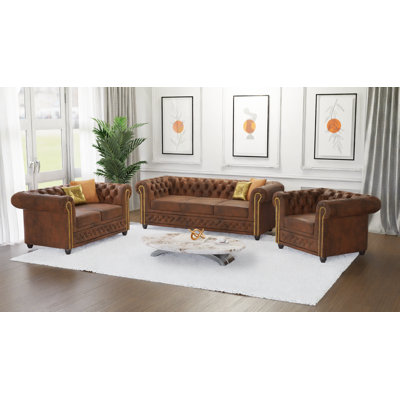 Chesterfield Friedrich Sofa Set 3+2+1 Made of Vintage Look Microfibre with Solid Wood Legs