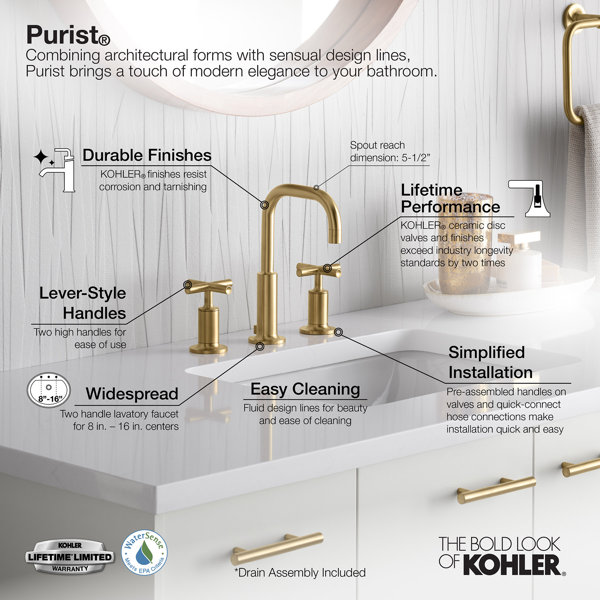 K-14406-3-SN Kohler Purist® Widespread Bathroom Faucet with Pop-Up Drain  Assembly, 3-Hole High Arc Cross Handle Bathroom Sink Faucet, 1.2 gpm   Reviews Wayfair