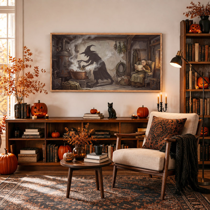 Art mural sur toile, sorcière et lecture Steampunk