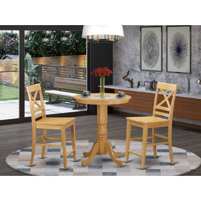 Ensemble de table de salle à manger à hauteur de comptoir 3 pièces comprenant une table ronde en bois avec piédestal et 2 chaises de salle à manger, chêne