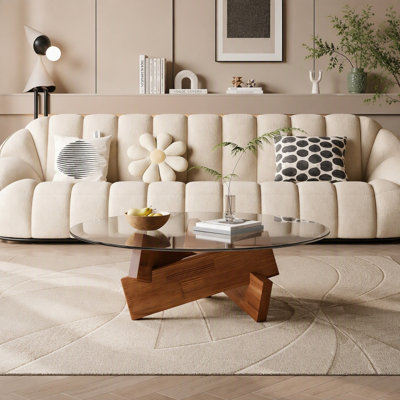 Modern Round Coffee Table for Living Room, 31.5" x 31.5" x 12.2" Mid Century Center Table with Tempered Glass Top and Wood, Walnut