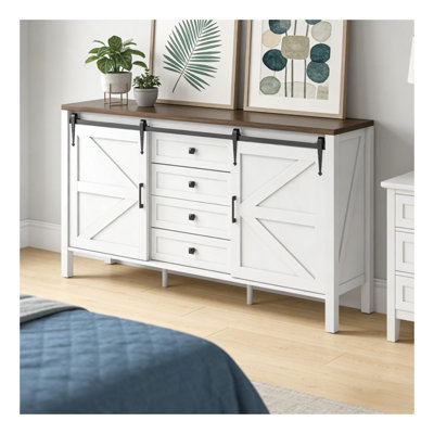 Spacious Coffee Bar Cabinet with Drawers, Buffet Server in Brown and Distressed White Finish