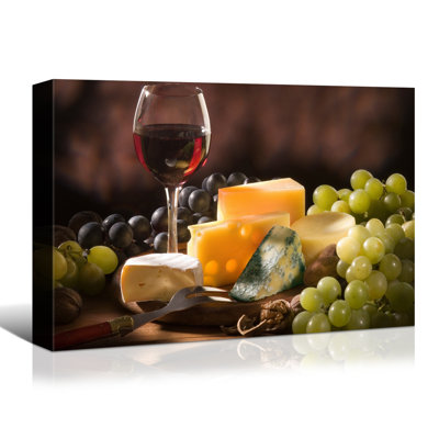 Hughlon, toile encadrée, nature morte, verres à vin, fromage, fruits, art mural, peinture, scène de salle à manger, décoration pour restaurant, salle à manger, salon, salle de bain, chambre à coucher, prêt à être accroché sur toile