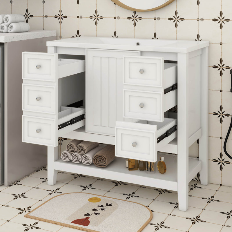 Base de meuble-lavabo 36 po seulement sans lavabo, base de meuble seulement, meuble-lavabo avec armoire et 3 tiroirs, Blanc