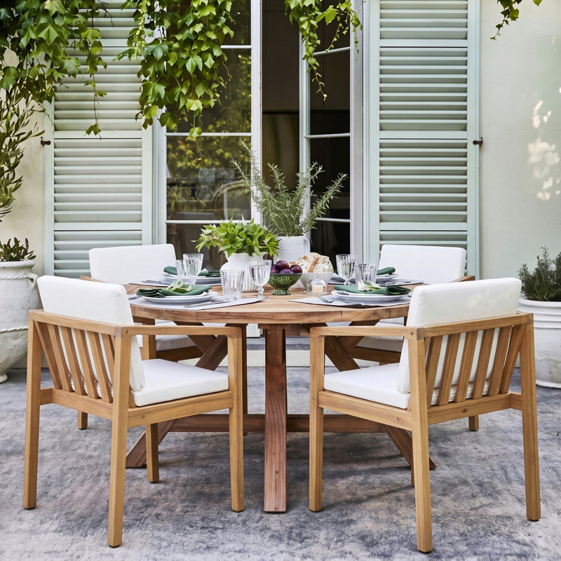 Chaises de salle à manger d'extérieur avec structure en bois d'acacia, finition teck clair et coussins beiges