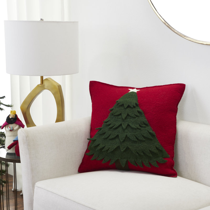 Coussin de Noël fait à la main en laine feutrée à la main - arbre - 20 po, Rouge / vert