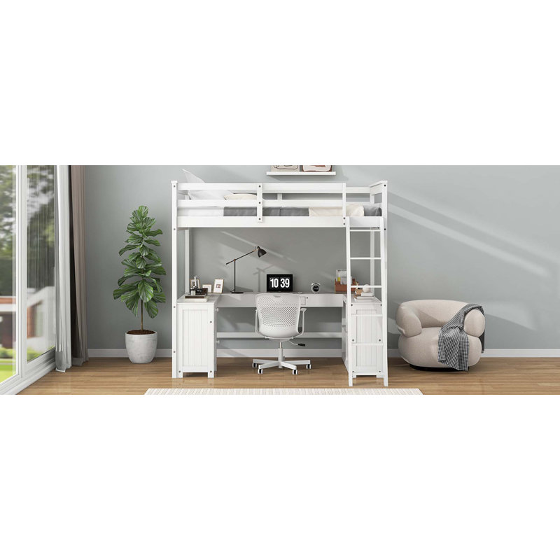 Lit mezzanine double avec bureau en U, tiroirs et tablettes de rangement, Blanc, Double