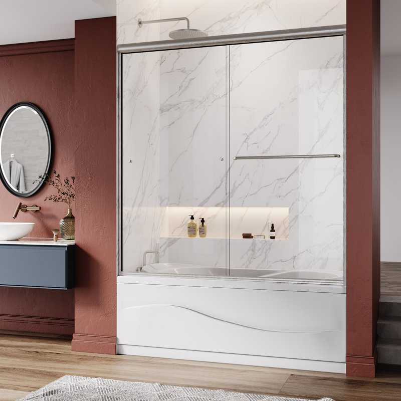 56"-60" W x 62" H Semi-Frameless Double Sliding Tub Door, Nickel