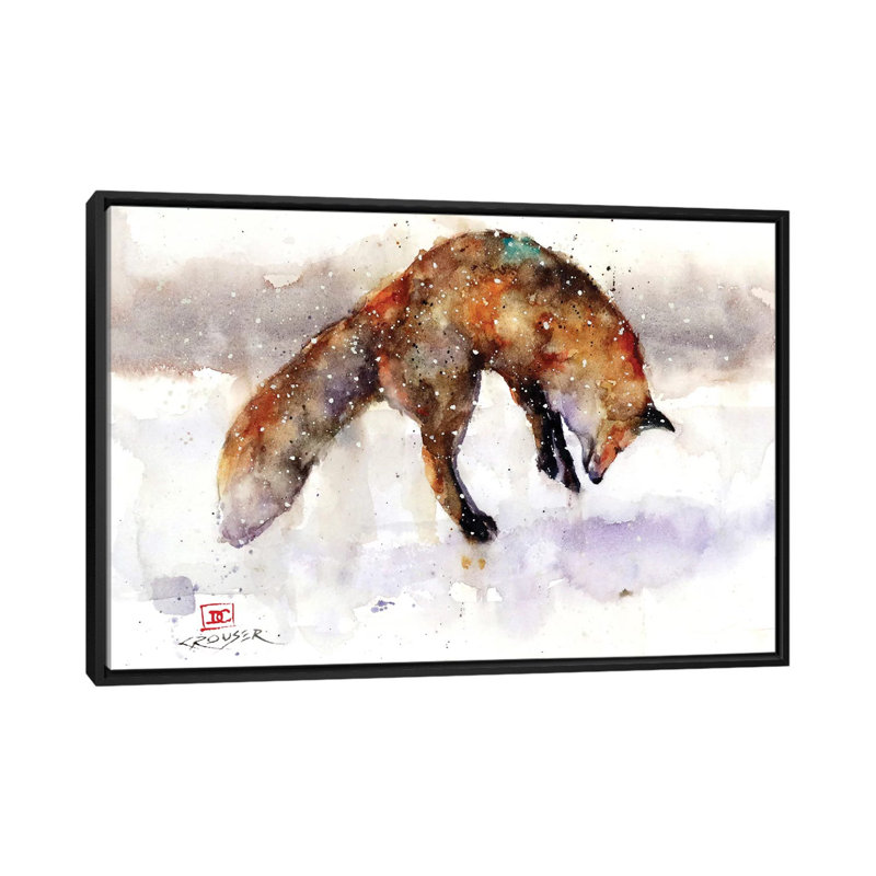 « Jumping Fox » par Dean Crouser, reproduction d’art, H 18 po x l 26 po x P 1,5 po, Pas de tapis, Toile avec cadre noir