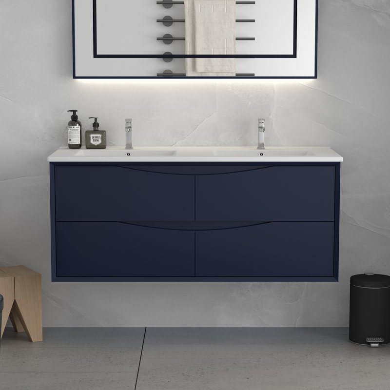 Ensemble de meuble-lavabo double 48 po avec deux tiroirs et éclairage DEL 48 po, Noir