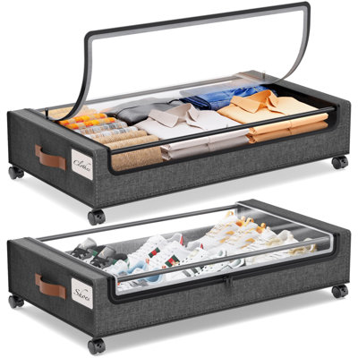 Under Bed Storage With Wheels, 2Pack Under Bed Storage Containers, Underbed Shoe Storage Organizer, Rolling Under Bed Metal Drawers, Grey