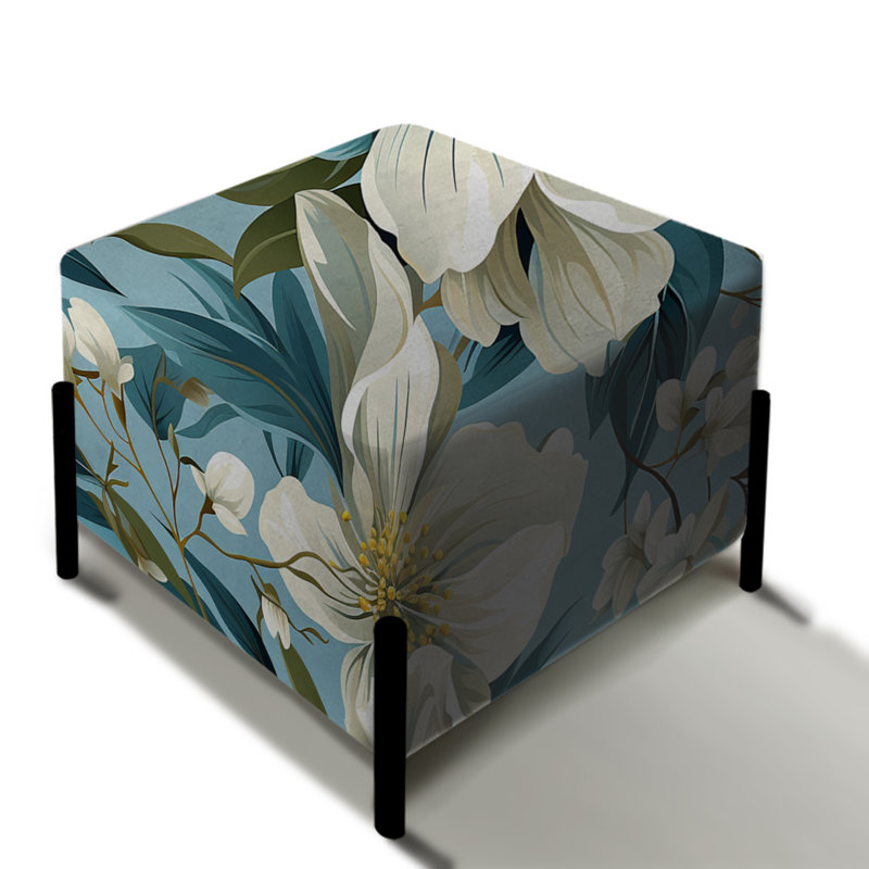 Blue Coastal Blossoms Floral Pattern I - Floral Square Ottoman