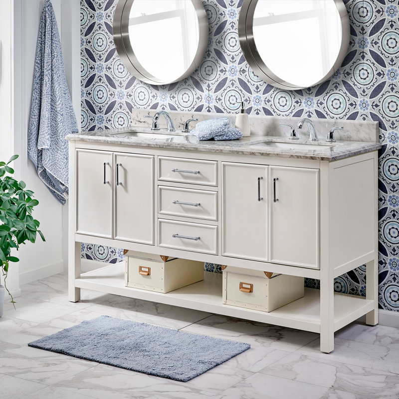 Meuble-lavabo pour salle de bain Danta avec comptoir en pierre et placage en marbre, Blanc