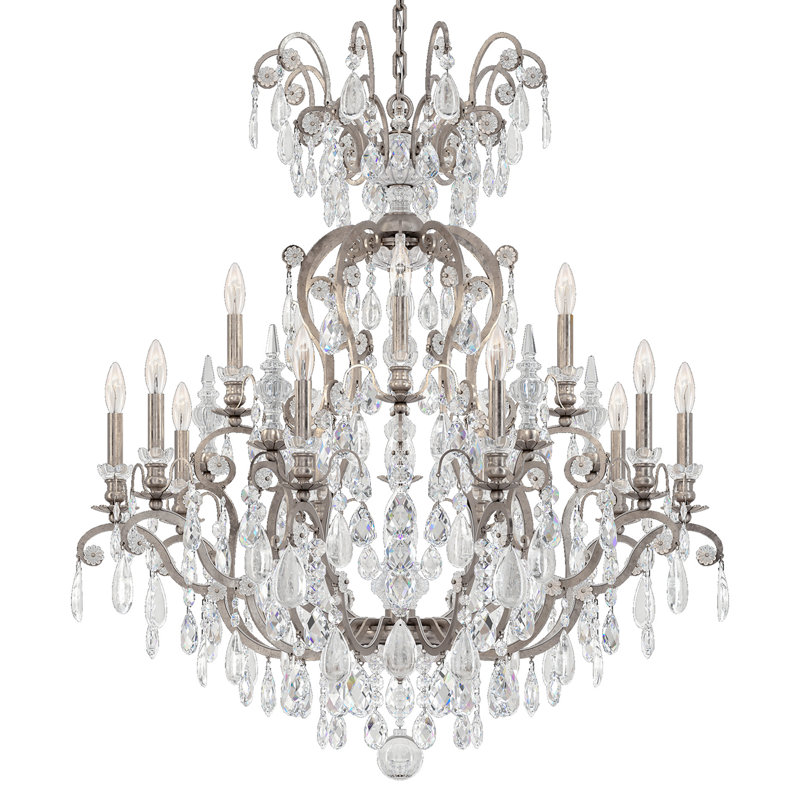 Renaissance 16 - Light Glass Chandelier, Clear Rock Crystal, Antique Silver