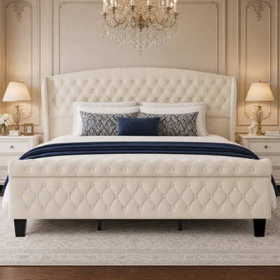 Velvet Upholstered king Bed Frame with Wingback Headboard & Scroll Footboard, 42" Tall Sleigh Bed, No Box Spring Needed, Sturdy Support, Easy Assembly, Noise Free, Button Tufted, Beige