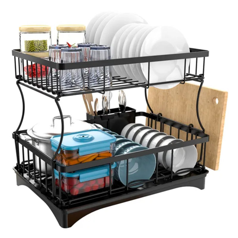 Égouttoir à vaisselle de comptoir en métal à 2 niveaux avec bac de récupération d'eau, organisateur de vaisselle multifonctionnel avec porte-couverts et porte-planche à découper pour rangement sur le comptoir près de l'évier