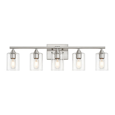5-Light Brushed Nickel Silver Bathroom Vanity Wall Light, Metal Wall Light with Clear Cylinder Glass Shade for Hotel & Master Bath(No light bulb)