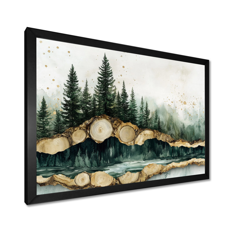 Arbre émeraude pin sur bois, glissade I - forêt, art mural grand, H 12 po x l 20 po, Cadre simple noir