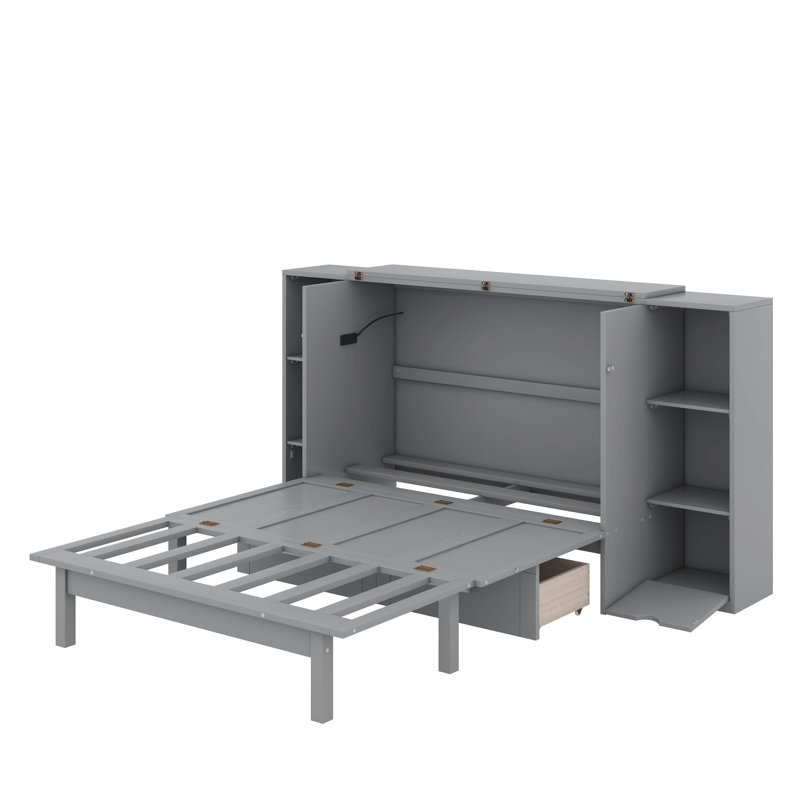 Lit escamotable avec tablettes, tiroirs et ports USB, Full, gris