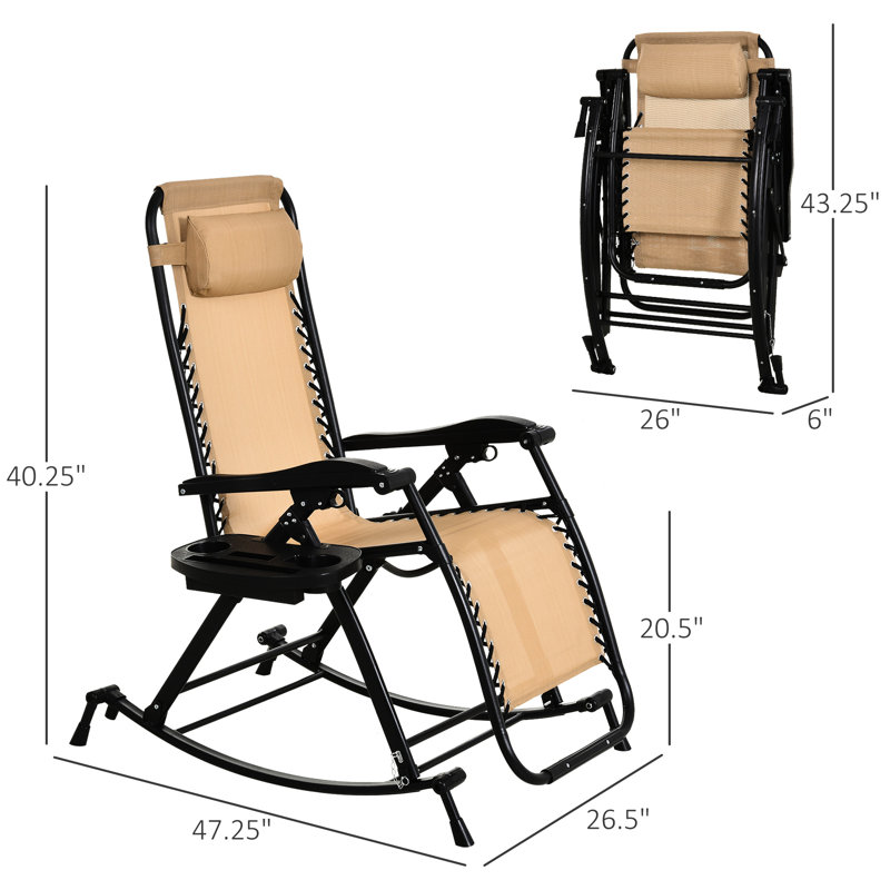 Beige Zero Gravity Lounge Rocker, Foldable And Reclining With Pillow, Cup & Phone Holder For Patio Chair Stand Outdoor Comfort,