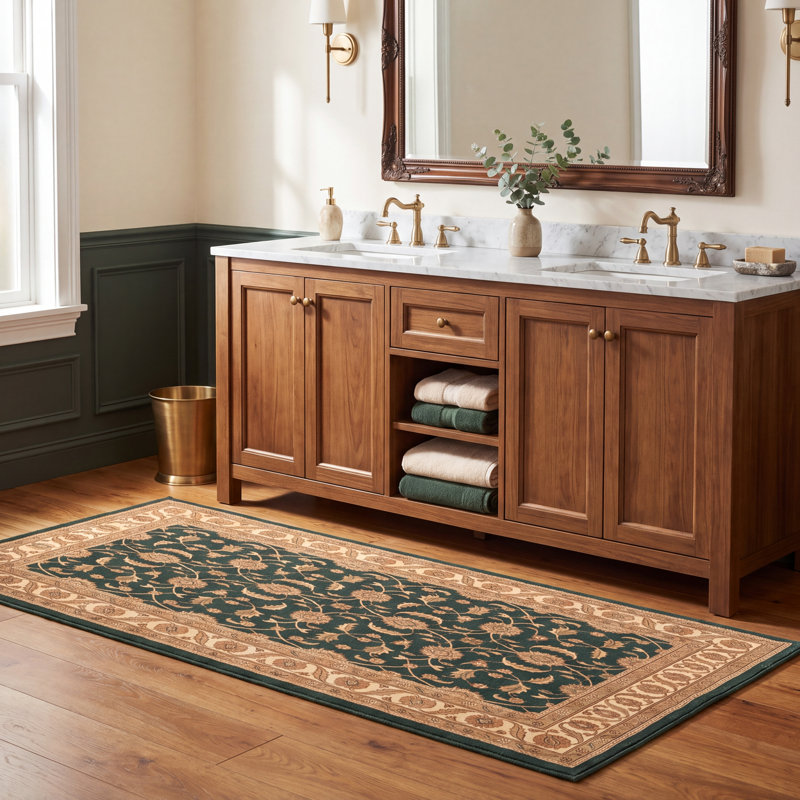 Tapis Courtyard traditionnel à motifs floraux or, vert, crème et ivoire, lavable à la machine, antidérapant, à poils courts, pour l'intérieur et l'extérieur, adapté aux animaux domestiques, idéal pour le salon, la chambre, la salle à manger, l'entrée, le couloir ou le bureau.