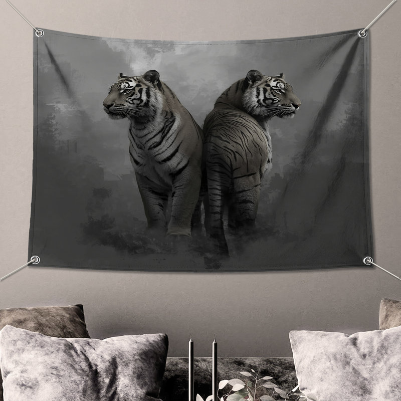 Tapisserie murale «Deux Tigres blancs» - Décoration murale Tigres, H 104 po x 88 avec 4 œillets