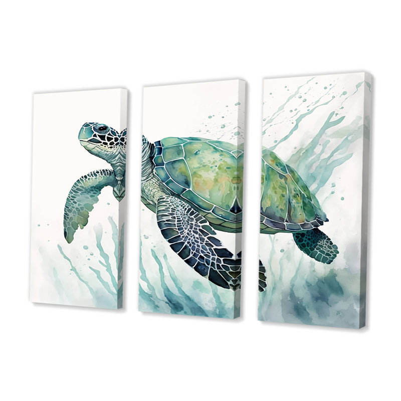 Tortue aquarelle nageant IV - 3 pièces sur toile, H 20 po x l 36 po x P 1 po, Toile tendue