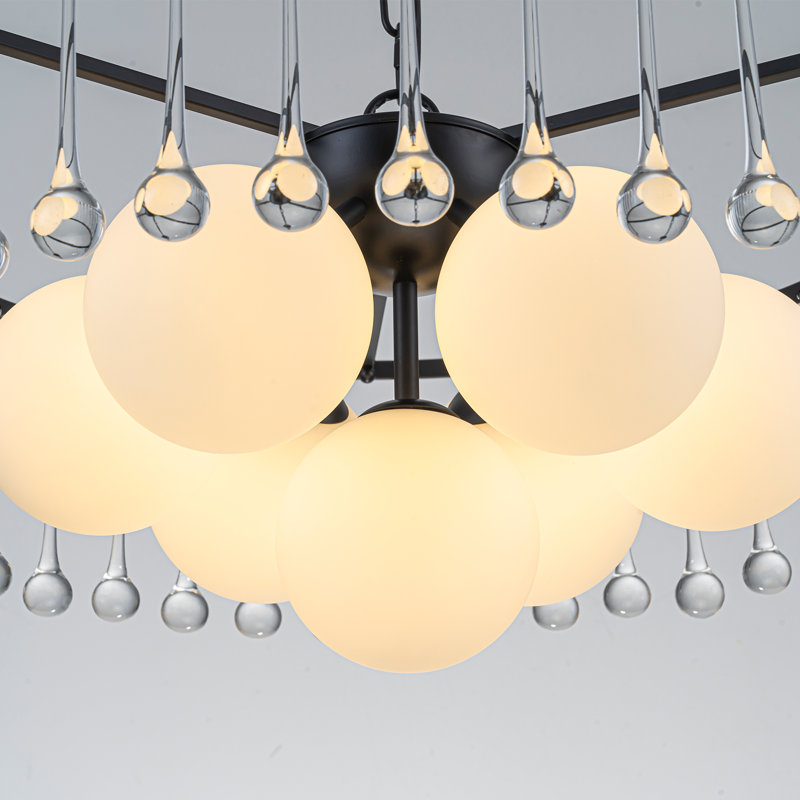 Lustre en cristal moderne avec 42 cristaux K9 Waterdrop, luminaire suspendu 7 lumières noir mat avec globes en verre laiteux, hauteur réglable de 15,75 po à 94,49 po pour les plafonds inclinés, homologué UL, rond de 24 po