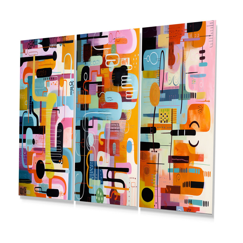 Ensemble de 3 reproductions d'art murales géométriques abstraites Mid-Century, H 28 po x l 36 po