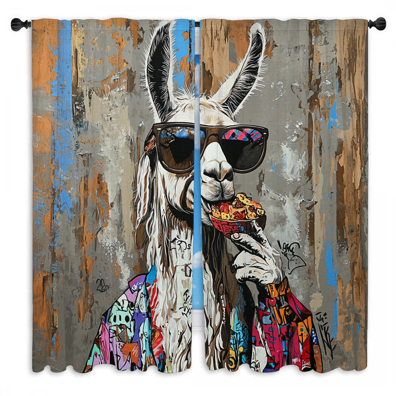 Rideaux de fenêtre lama animaux éclectiques - 2 panneaux, L 20 po x L 52 po