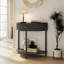Console de demi-lune artisanale à motif ondulé et fini gris foncé, table d'appoint au design unique en forme de demi-lune avec 2 tiroirs de rangement et une étagère inférieure, idéale pour le salon, la chambre à coucher, le bureau ou le couloir.-367954627