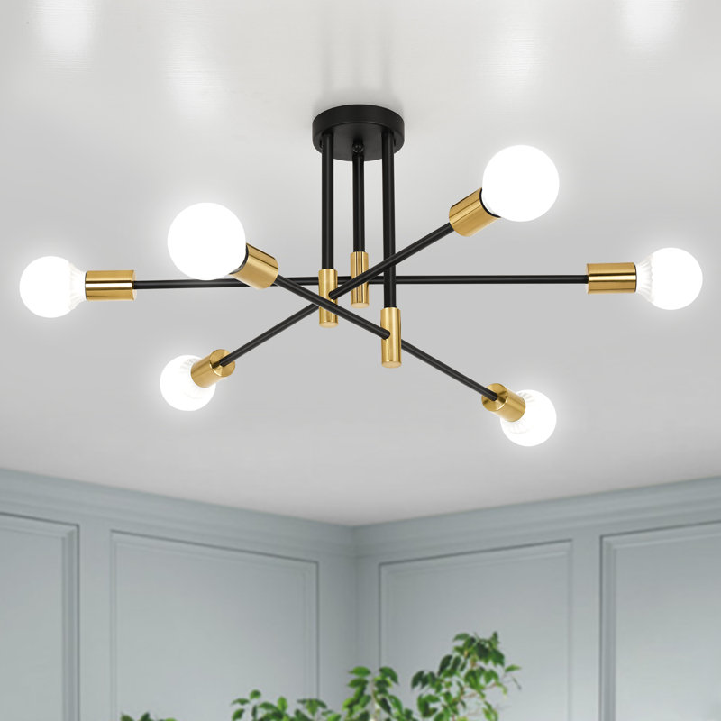 Eiren 6-Light 27.56'' Dimmable Sputnik Chandelier Modern Linear Semi Flush Mount Ceiling Light, Black/Gold