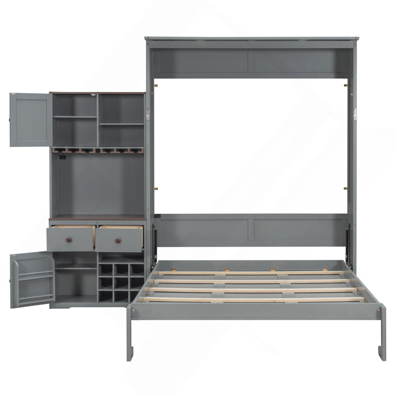 Grand lit escamotable avec armoire de rangement, support à vin, porte-verre, tiroirs et bande DEL multicolore, Gris