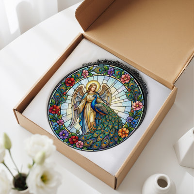 Angel Peacock Stained Glass Window Panel，12"H